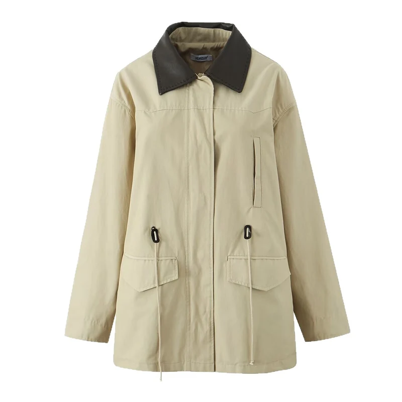 Damen Oversize-Übergangsjacke mit Kontrastkragen und Tunnelzug Nord Taschen