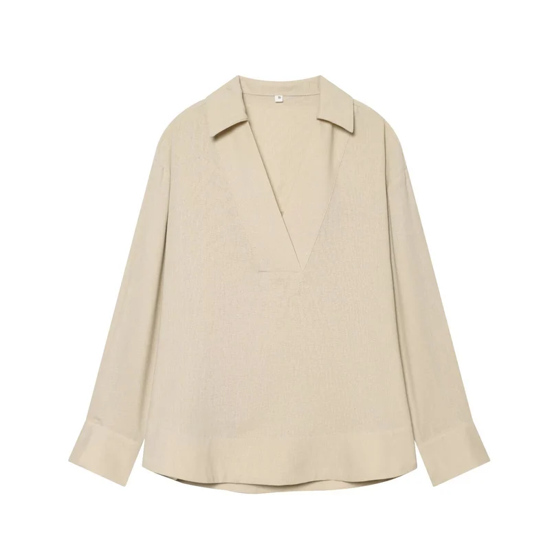 Damen Oversize Tunika‑Bluse mit tiefem V‑Ausschnitt und Hemdkragen Nord Taschen