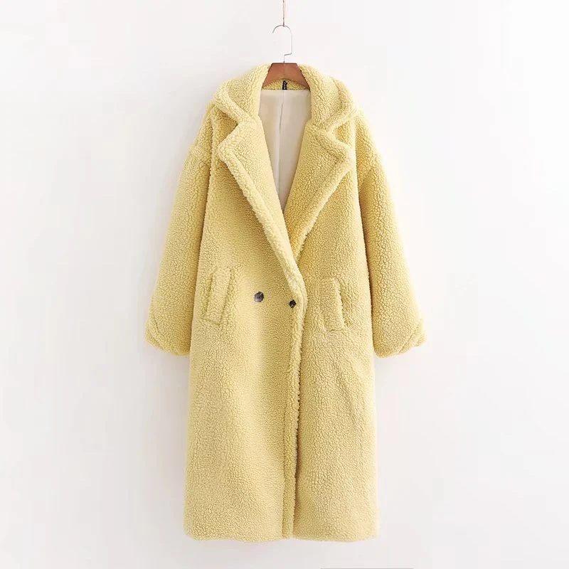 Damen Oversize Teddy-Mantel im Longline-Schnitt mit Reverskragen und Pattentaschen Nord Taschen