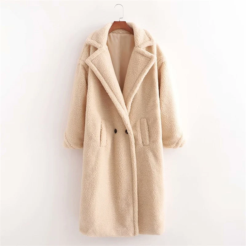 Damen Oversize Teddy-Mantel im Longline-Schnitt mit Reverskragen und Pattentaschen Nord Taschen