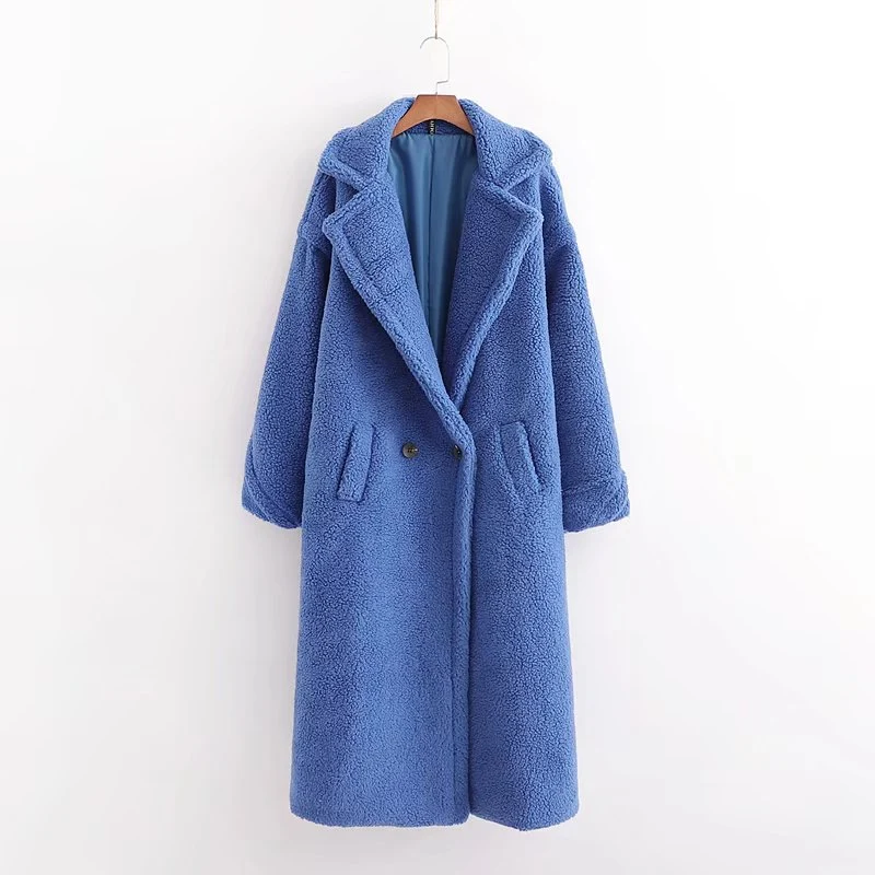 Damen Oversize Teddy-Mantel im Longline-Schnitt mit Reverskragen und Pattentaschen Nord Taschen