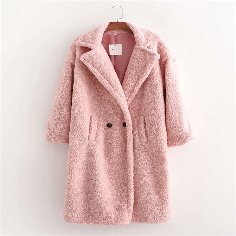Damen Oversize Teddy-Mantel im Longline-Schnitt mit Reverskragen und Pattentaschen Nord Taschen