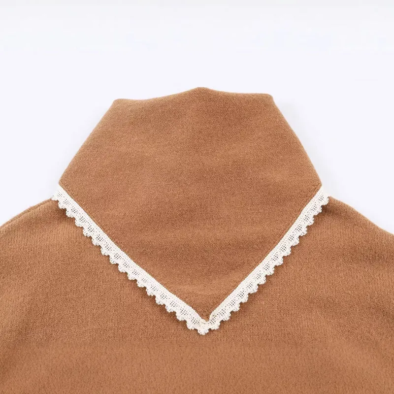 Damen Oversize-Strickpullover mit Schlauchkragen und Spitzenborte Nord Taschen