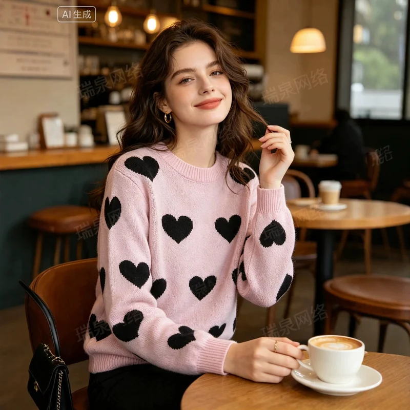 Damen Oversize-Strickpullover mit Herz‑Jacquard und Rundhalsausschnitt Nord Taschen