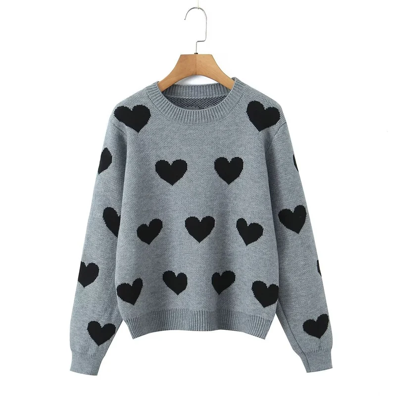 Damen Oversize-Strickpullover mit Herz‑Jacquard und Rundhalsausschnitt Nord Taschen
