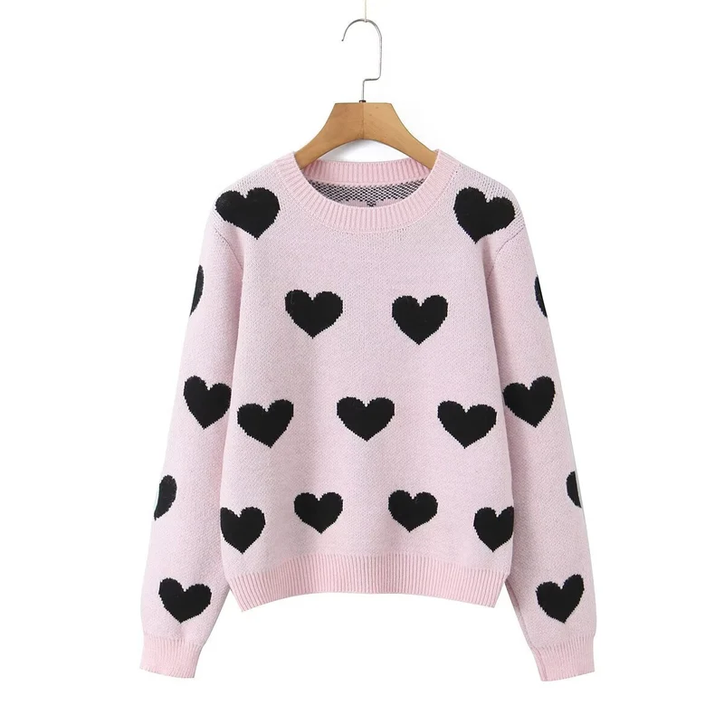Damen Oversize-Strickpullover mit Herz‑Jacquard und Rundhalsausschnitt Nord Taschen