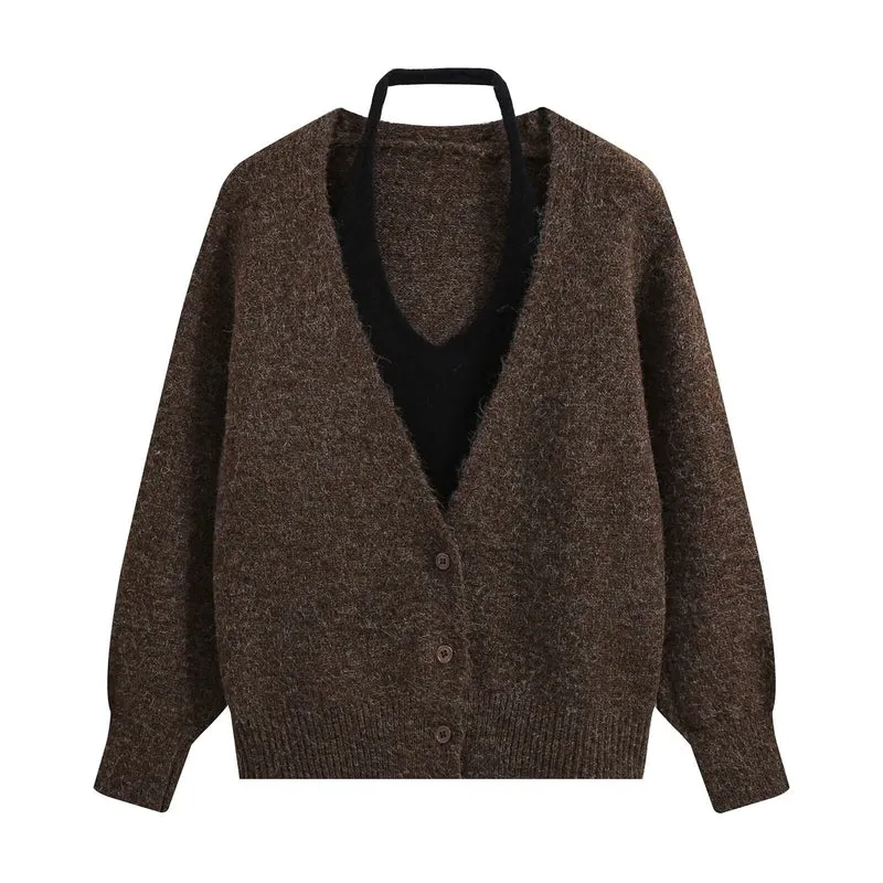 Damen Oversize Strickcardigan mit tiefem V Ausschnitt und Rippbund Nord Taschen