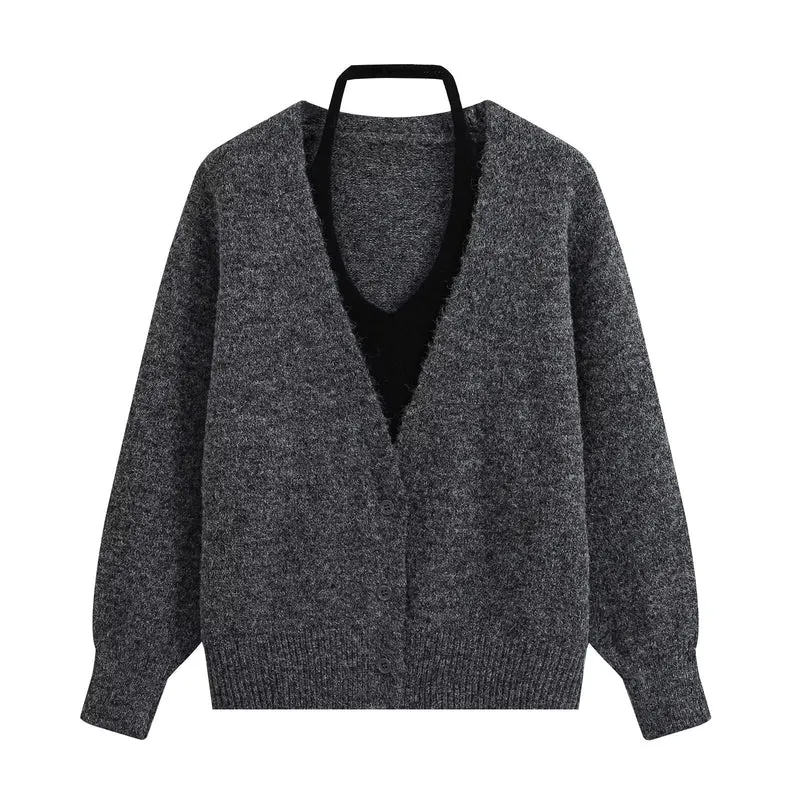 Damen Oversize Strickcardigan mit tiefem V Ausschnitt und Rippbund Nord Taschen