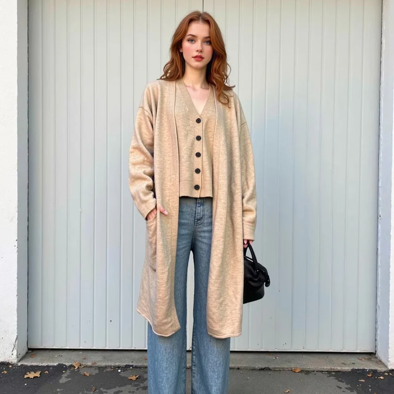 Damen Oversize Strick-Set mit Longcardigan, Knopf-Weste und weiten Hosen Nord Taschen