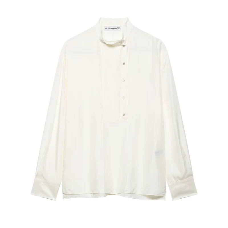 Damen Oversize-Seidenbluse mit Stehkragen und verdeckter Knopfleiste Nord Taschen