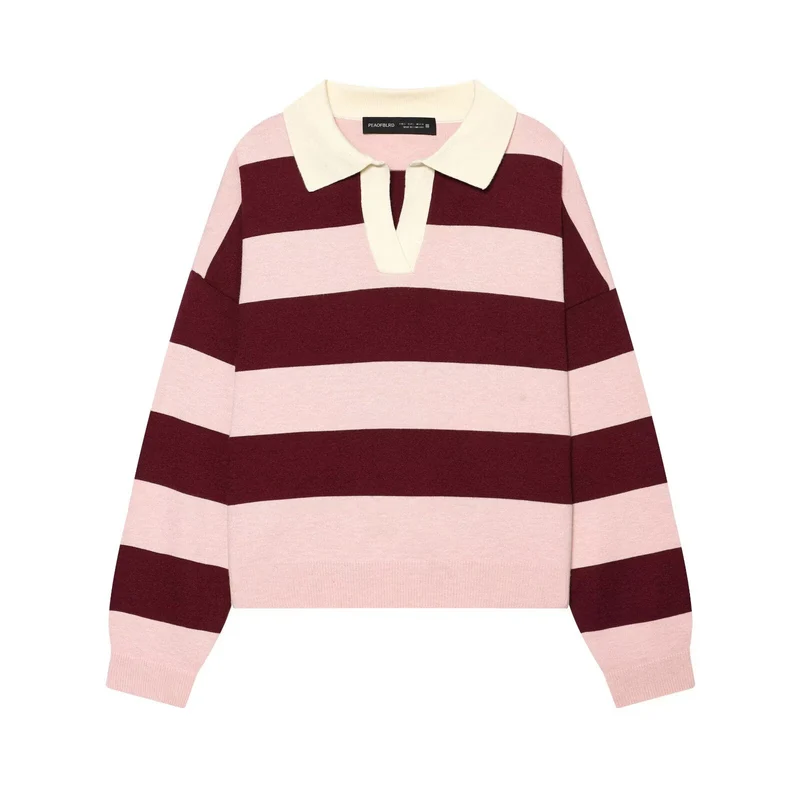 Damen Oversize Rugby-Pullover mit Polokragen und breiten Blockstreifen Nord Taschen
