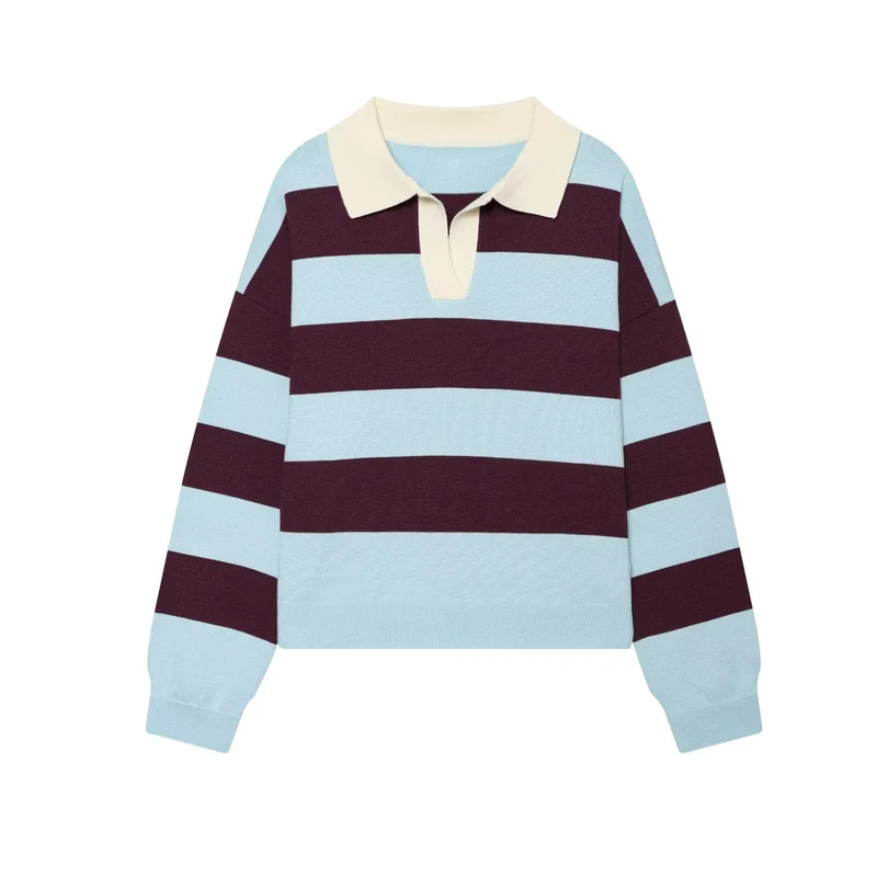Damen Oversize Rugby-Pullover mit Polokragen und breiten Blockstreifen Nord Taschen