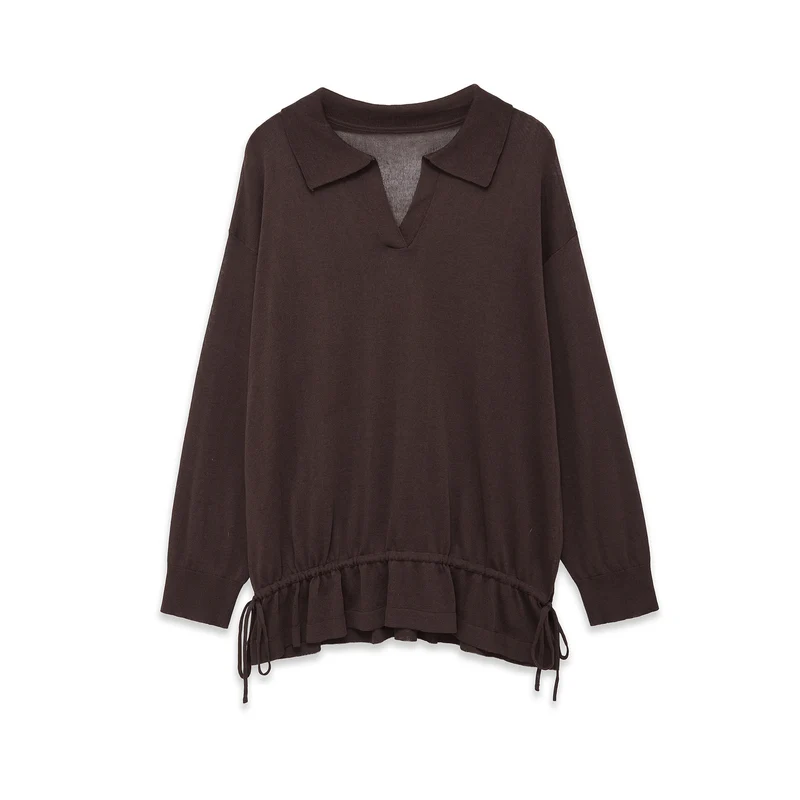 Damen Oversize‑Pullover mit Polokragen, V‑Ausschnitt und Tunnelzugsaum Nord Taschen