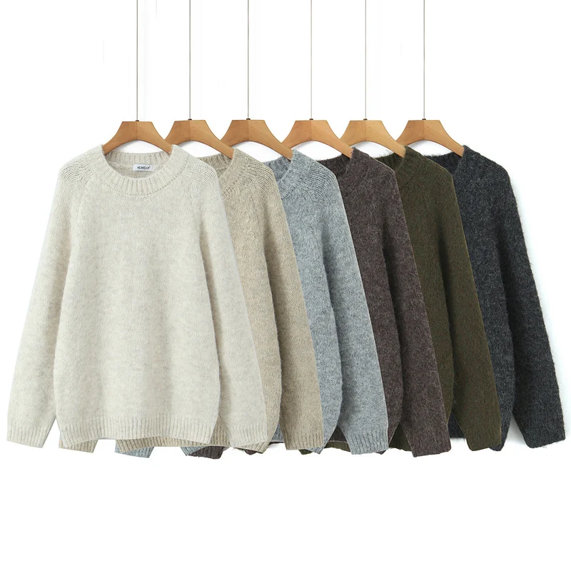 Damen Oversize Mohair‑Optik Pullover mit Rundhalsausschnitt und Raglanärmeln Nord Taschen