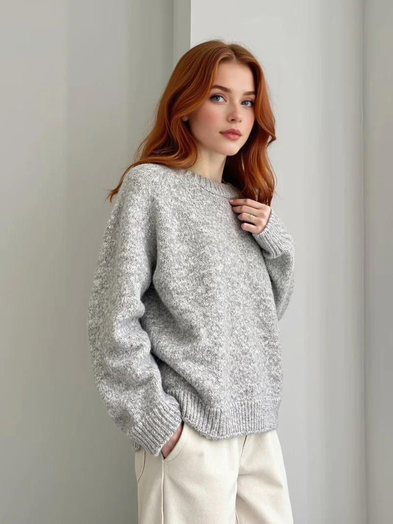 Damen Oversize Mohair‑Optik Pullover mit Rundhalsausschnitt und Raglanärmeln Nord Taschen