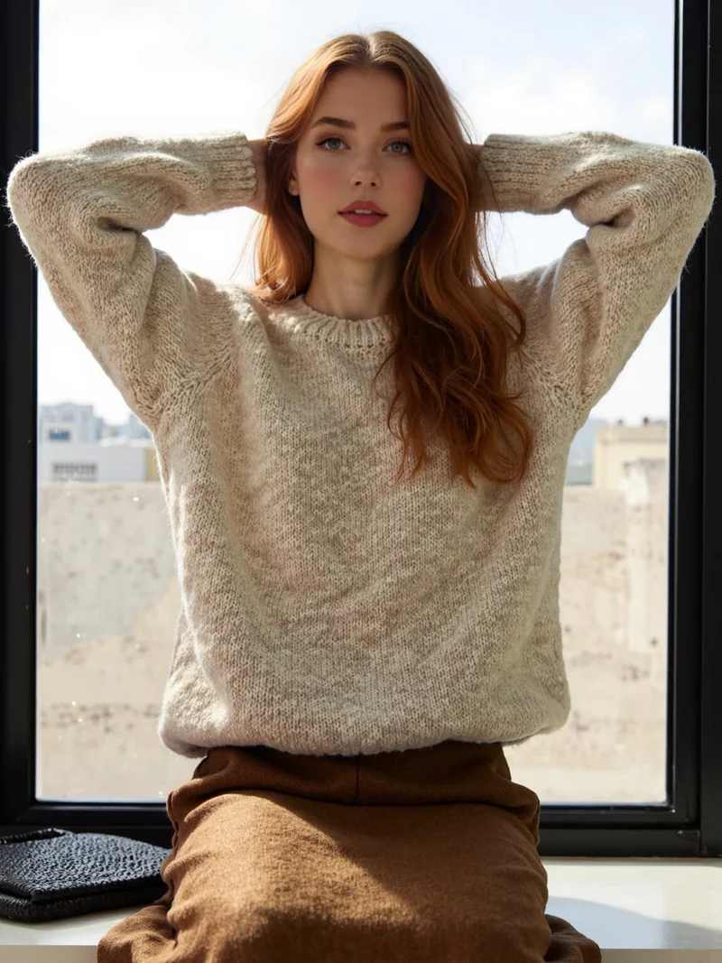 Damen Oversize Mohair‑Optik Pullover mit Rundhalsausschnitt und Raglanärmeln Nord Taschen