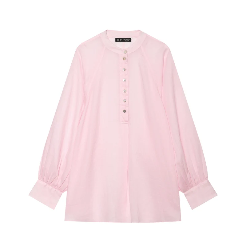 Damen Oversize Leinenbluse mit Stehkragen und Ballonärmeln Nord Taschen