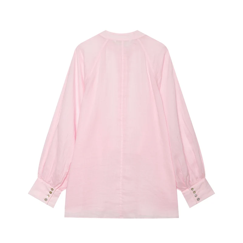 Damen Oversize Leinenbluse mit Stehkragen und Ballonärmeln Nord Taschen