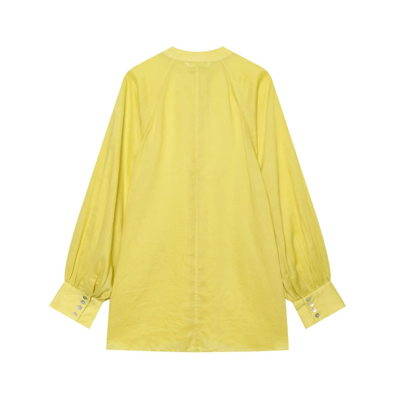 Damen Oversize Leinenbluse mit Stehkragen und Ballonärmeln Nord Taschen