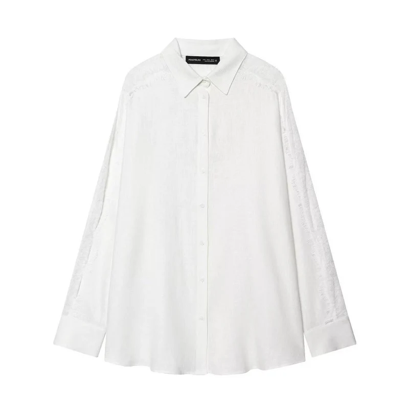 Damen Oversize Leinenbluse mit Spitzeneinsatz an Ärmeln und verdeckter Knopfleiste Nord Taschen