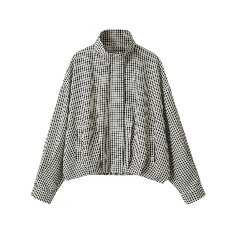 Damen Oversize Kurzjacke mit Stehkragen und Vichy-Karo Nord Taschen