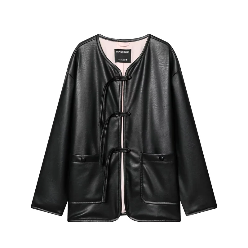 Damen Oversize Kunstlederjacke mit kinesi‑inspirierten Kordelverschlüssen Nord Taschen