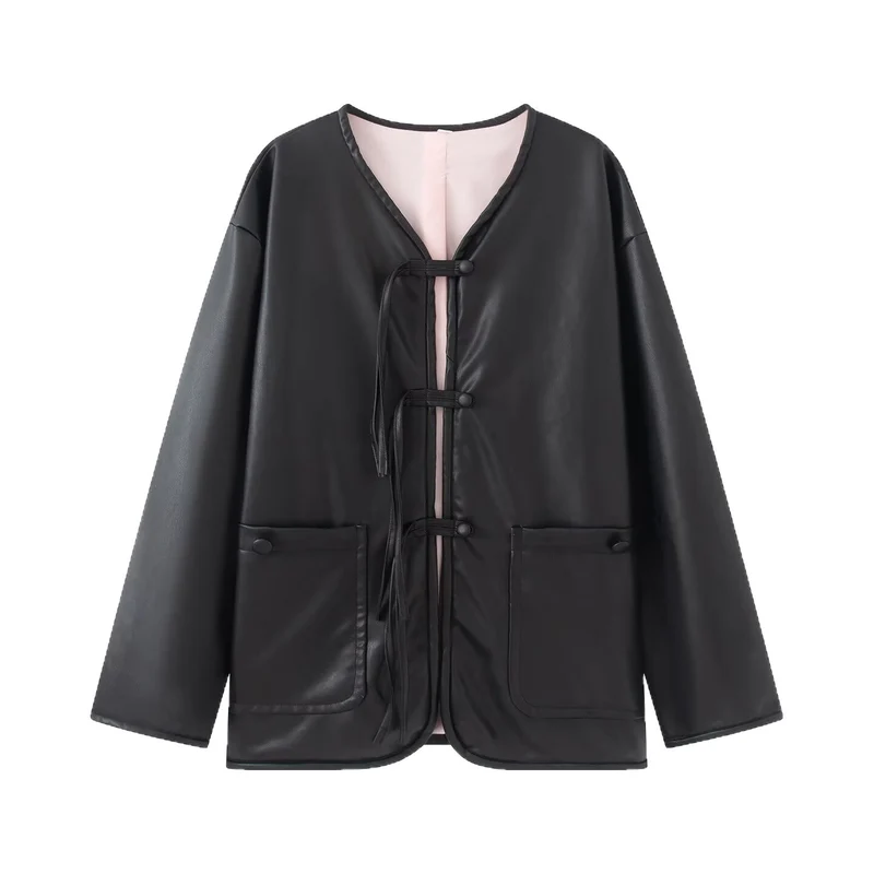 Damen Oversize Kunstlederjacke mit Bindebändern und aufgesetzten Taschen Nord Taschen