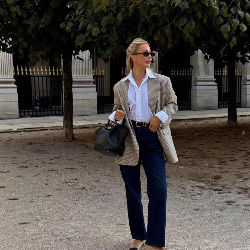 Damen Oversize-Kariertes Sakko mit Reverskragen und Pattentaschen Nord Taschen
