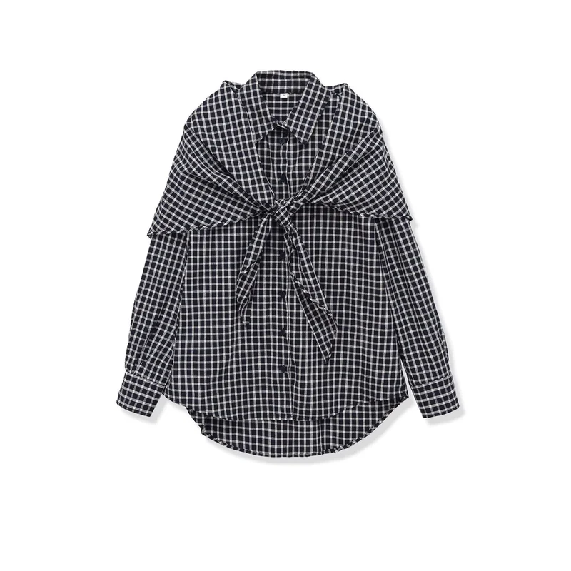 Damen Oversize kariertes Hemd mit abgerundetem Saum Nord Taschen