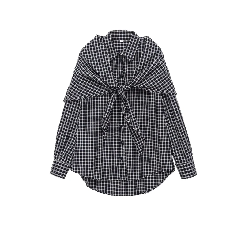 Damen Oversize kariertes Hemd mit abgerundetem Saum Nord Taschen