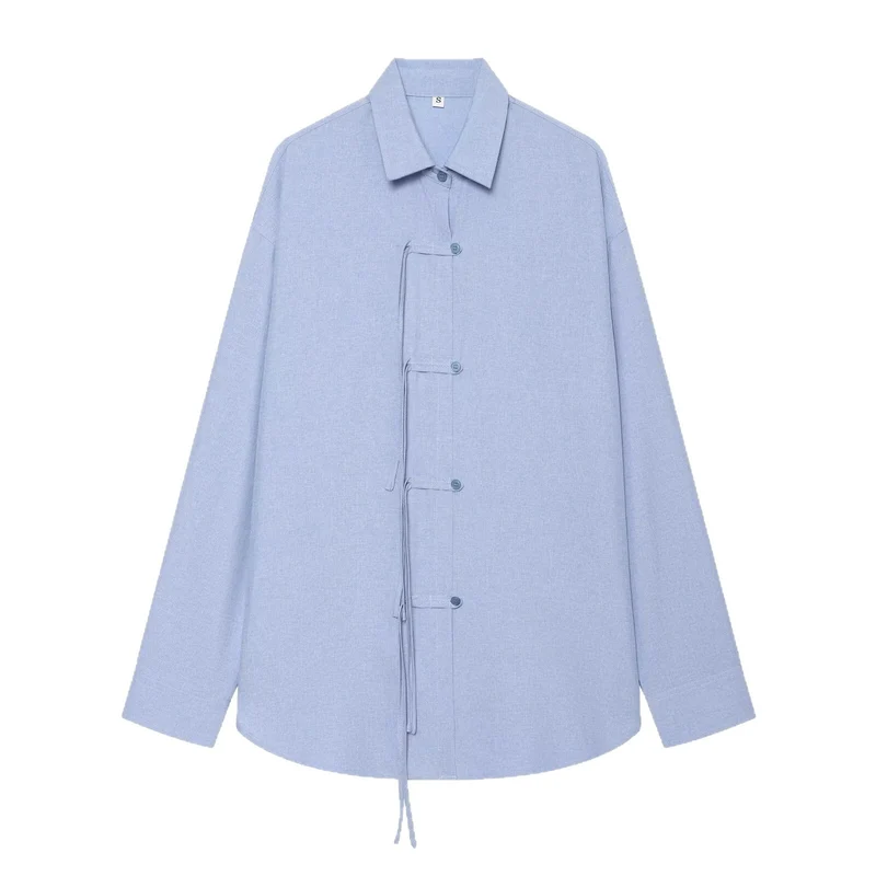 Damen Oversize-Hemdjacke mit Tunnelzug, Zierknotenverschluss und Hemdkragen Nord Taschen