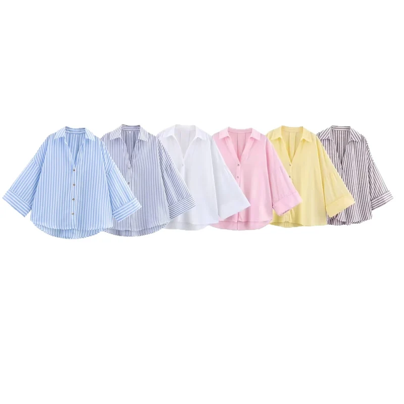 Damen Oversize-Hemdbluse mit vertikalem Streifenmuster und verlängertem Rücken Nord Taschen