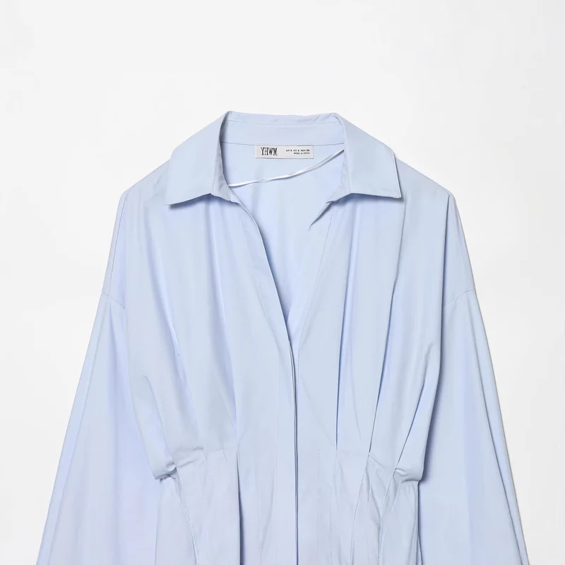 Damen Oversize-Hemdbluse mit taillierter Kellerfalten-Optik und verdeckter Knopfleiste Nord Taschen