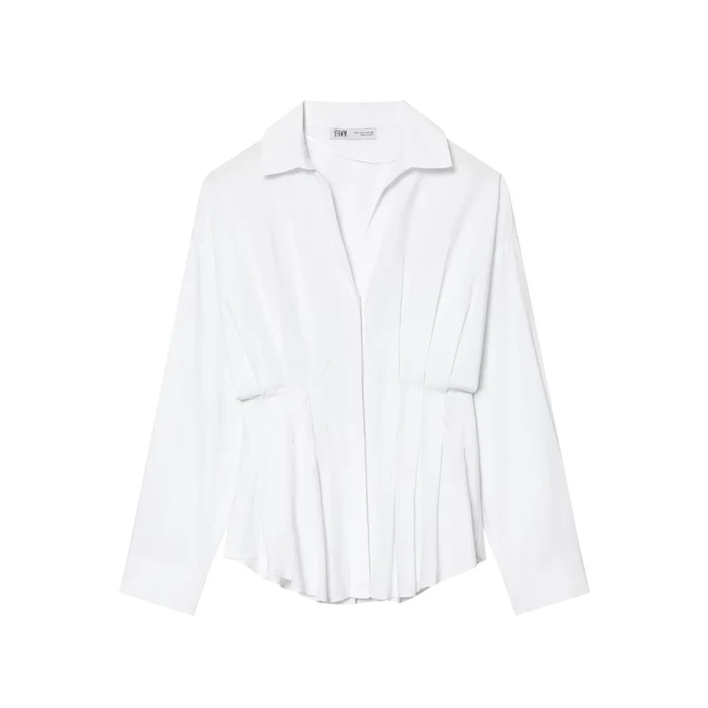 Damen Oversize-Hemdbluse mit taillierter Kellerfalten-Optik und verdeckter Knopfleiste Nord Taschen
