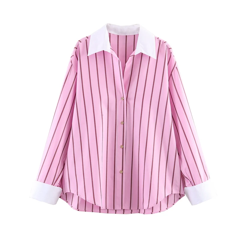Damen Oversize-Hemdbluse mit Kontrastkragen, Manschetten und vertikalem Streifenmuster Nord Taschen