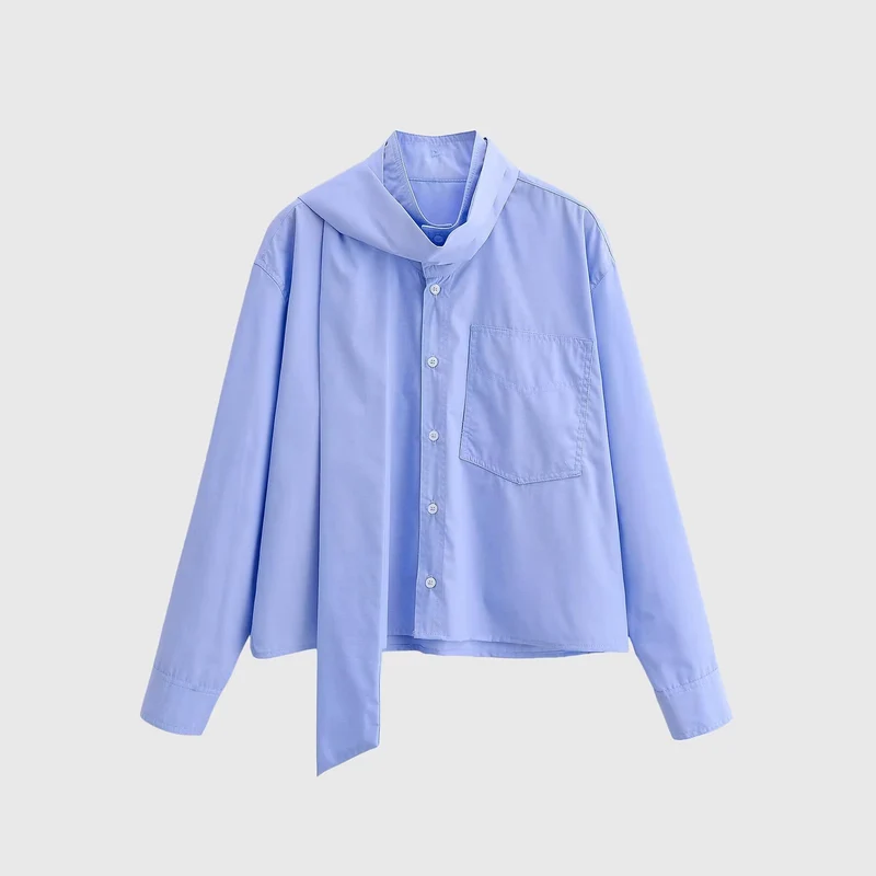 Damen Oversize‑Hemdbluse mit integriertem Halstuch‑Schal und aufgesetzter Brusttasche Nord Taschen