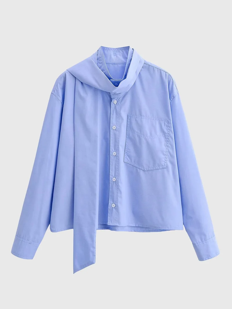 Damen Oversize‑Hemdbluse mit integriertem Halstuch‑Schal und aufgesetzter Brusttasche Nord Taschen