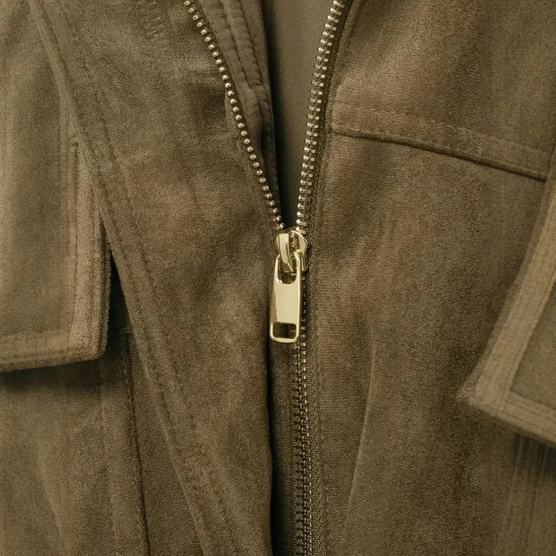 Damen Oversize-Cropped Wildlederoptik-Jacke mit Kapuze und aufgesetzten Pattentaschen Nord Taschen
