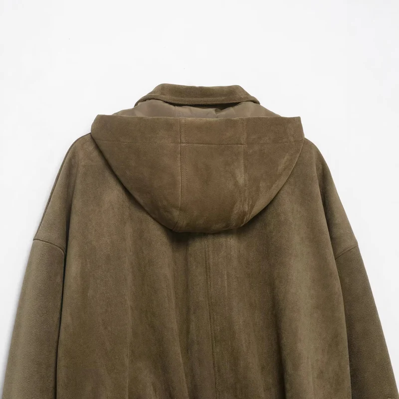 Damen Oversize-Cropped Wildlederoptik-Jacke mit Kapuze und aufgesetzten Pattentaschen Nord Taschen
