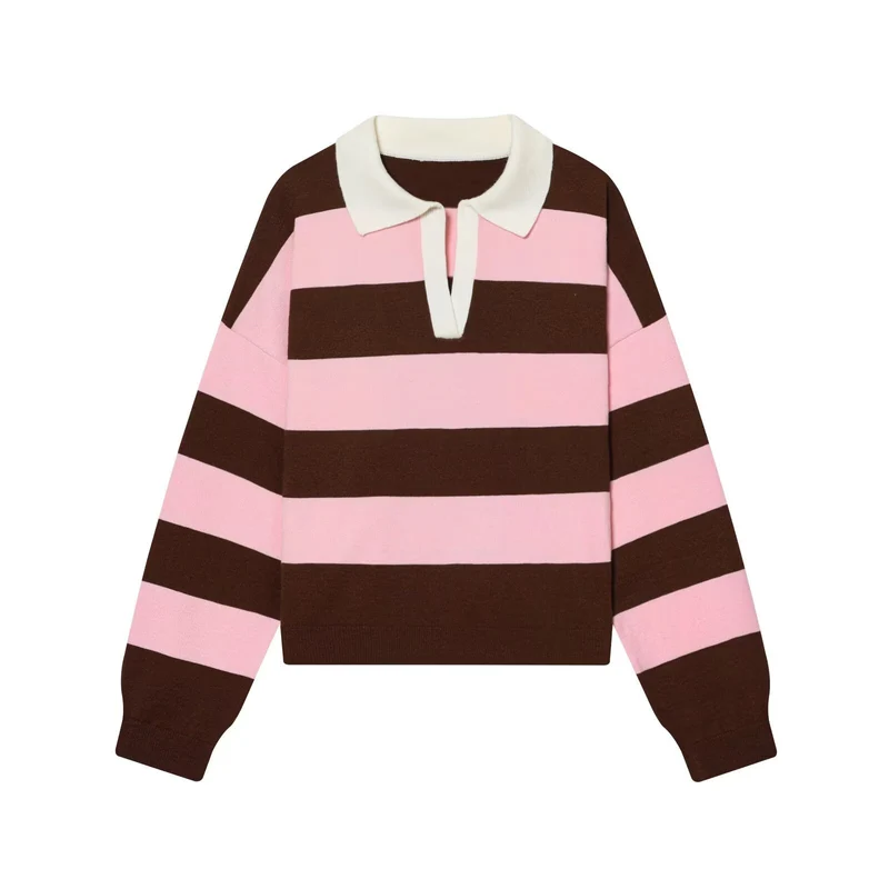 Damen Oversize Cropped Rugby-Pullover mit Polokragen und V‑Ausschnitt Nord Taschen