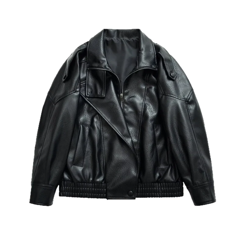 Damen Oversize-Bomberjacke im Biker-Mix mit Revers und elastischem Taillenbund Nord Taschen