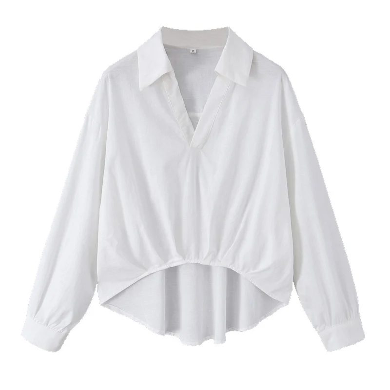 Damen Oversize-Bluse mit tiefem V-Ausschnitt, Hemdkragen und gerafftem Frontsaum Nord Taschen