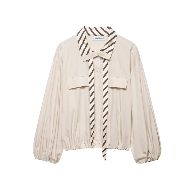 Damen Oversize Bluse mit Ballonärmeln und Halstuchkragen Nord Taschen
