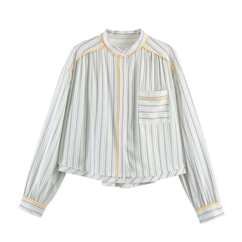 Damen Oversize-Bluse im Cropped-Schnitt mit Stehkragen, feinem Streifenmuster und Kontrastpaspel Nord Taschen