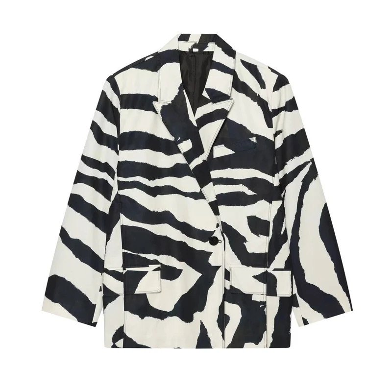 Damen Oversize-Blazer im Zebra-Print mit Reverskragen und Pattentaschen Nord Taschen