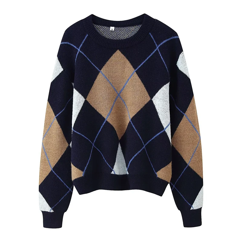 Damen Oversize‑Argyle‑Strickpullover mit Rundhals, überschnittenen Schultern und Rippbündchen Nord Taschen