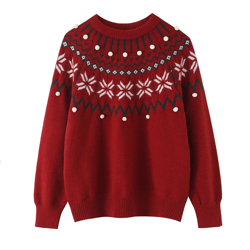 Damen Norwegermuster-Strickpullover mit Rundhalsausschnitt und dreidimensionalen Pompons Nord Taschen