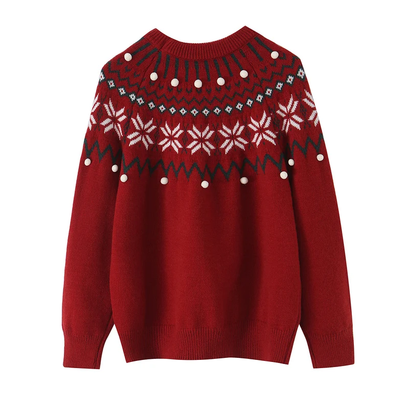Damen Norwegermuster-Strickpullover mit Rundhalsausschnitt und dreidimensionalen Pompons Nord Taschen