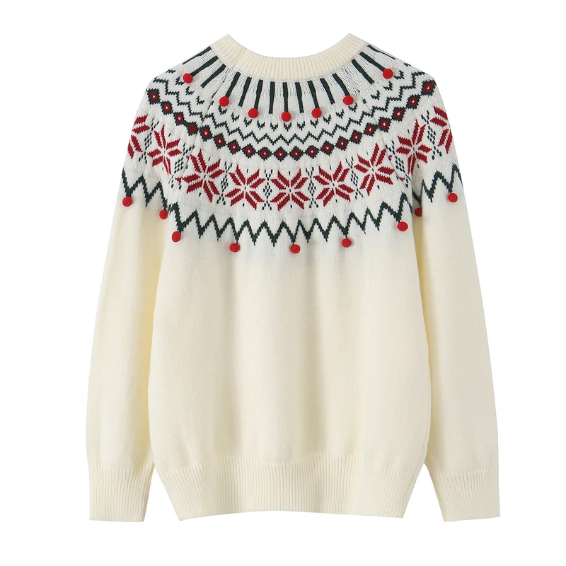 Damen Norwegermuster-Strickpullover mit Rundhalsausschnitt und dreidimensionalen Pompons Nord Taschen