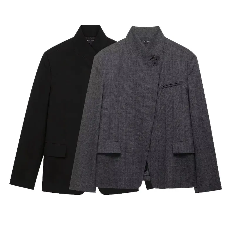 Damen Moderner schlanker Blazer mit asymmetrischer Knopfleiste und Stehkragen Nord Taschen
